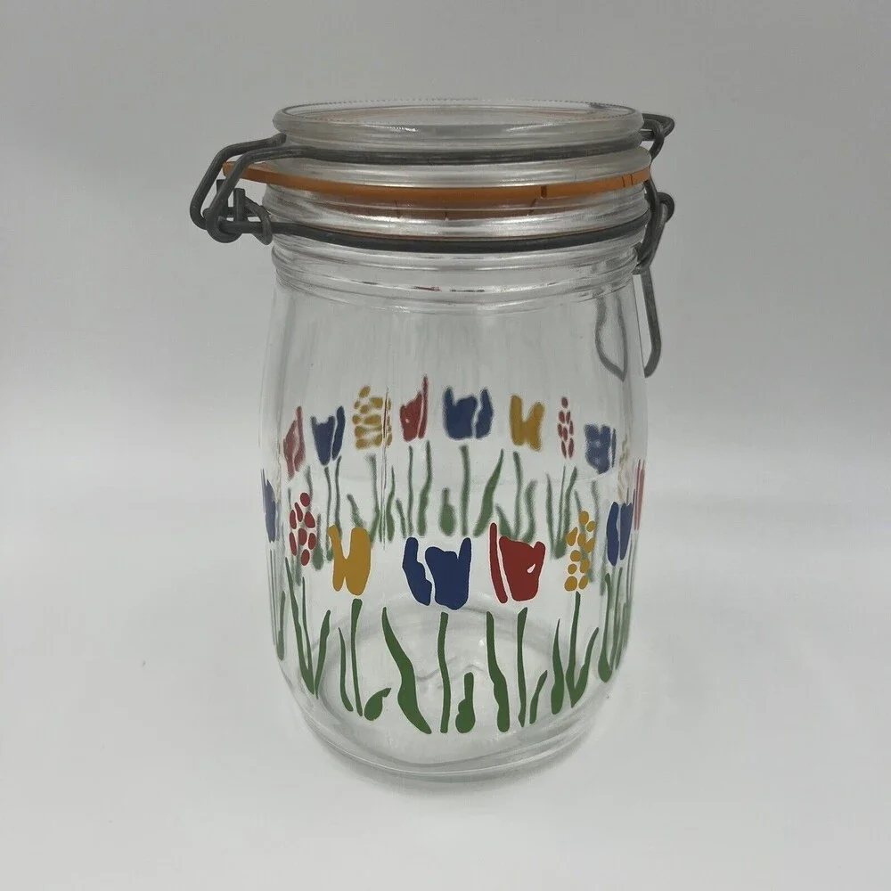1 L Arc France Glass Canister Jar Tulip Floral Hinged‎ Lid